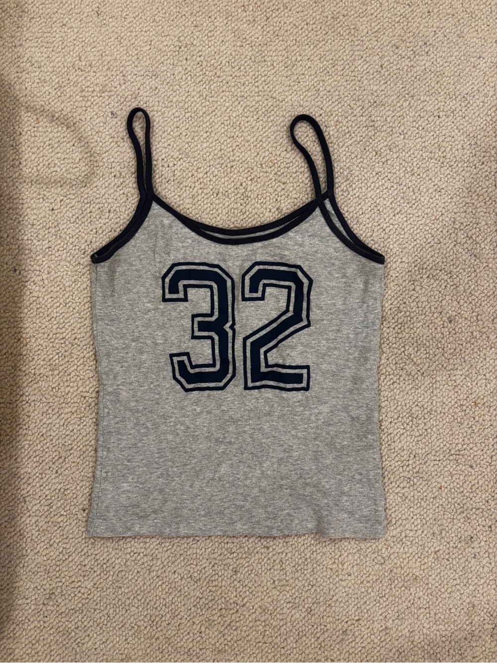 Brandy Melville Gray Tank Top with Navy Trim and '32' Graphic